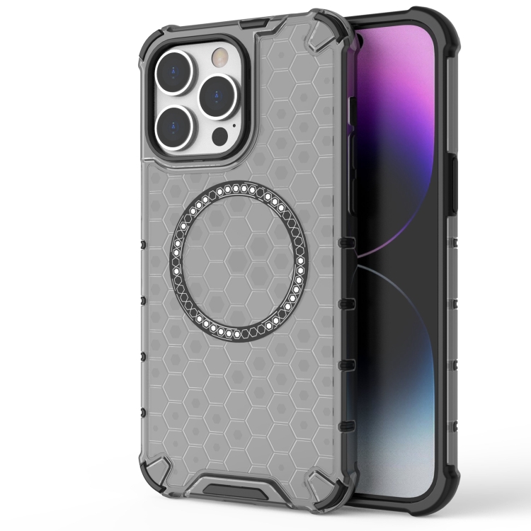 

For iPhone 14 Pro Max Honeycomb Magnetic Ring Shockproof Phone Case(Black)