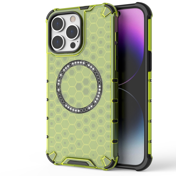 

For iPhone 14 Pro Max Honeycomb Magnetic Ring Shockproof Phone Case(Green)