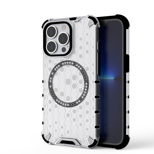 

For iPhone 13 Pro Honeycomb Magnetic Ring Shockproof Phone Case(White)