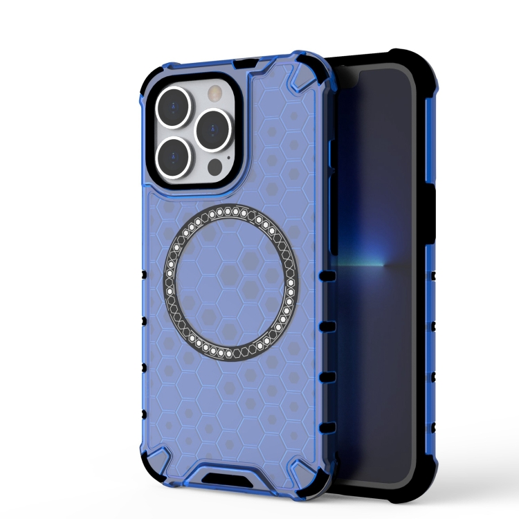 

For iPhone 13 Pro Honeycomb Magnetic Ring Shockproof Phone Case(Blue)