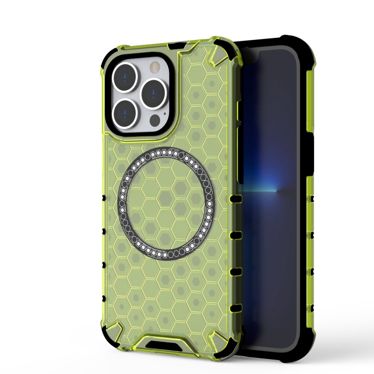 

For iPhone 13 Pro Honeycomb Magnetic Ring Shockproof Phone Case(Green)