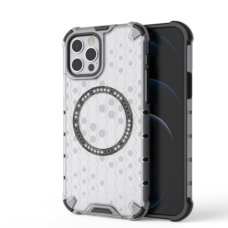 

For iPhone 12 Pro Max Honeycomb Magnetic Ring Shockproof Phone Case(White)