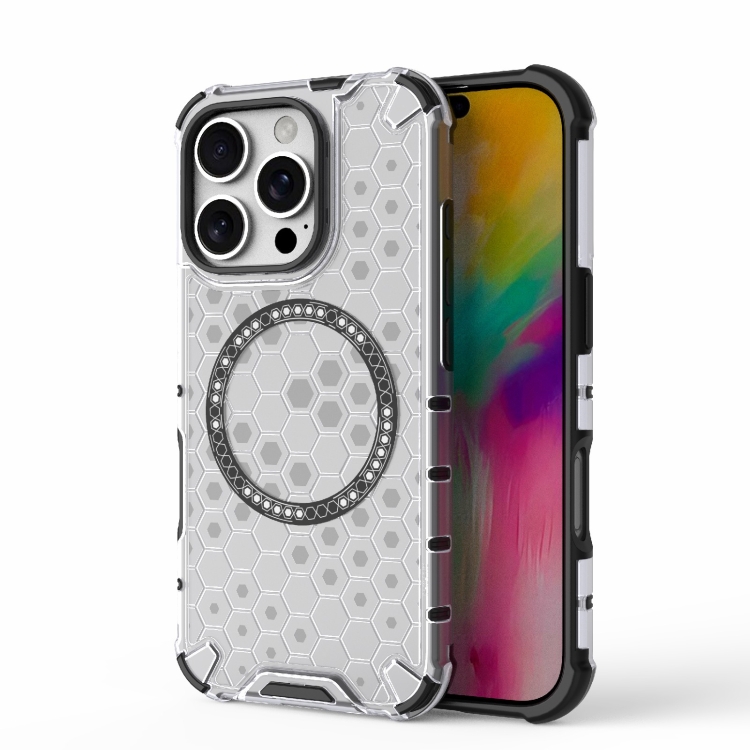 

For iPhone 16 Pro Honeycomb Magnetic Ring Shockproof Phone Case(White)