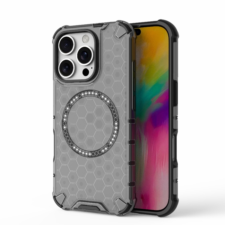

For iPhone 16 Pro Honeycomb Magnetic Ring Shockproof Phone Case(Black)