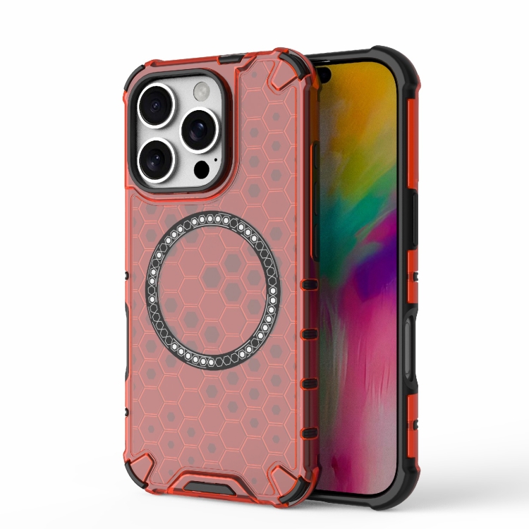 

For iPhone 16 Pro Honeycomb Magnetic Ring Shockproof Phone Case(Red)