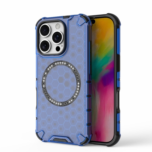 

For iPhone 16 Pro Honeycomb Magnetic Ring Shockproof Phone Case(Blue)