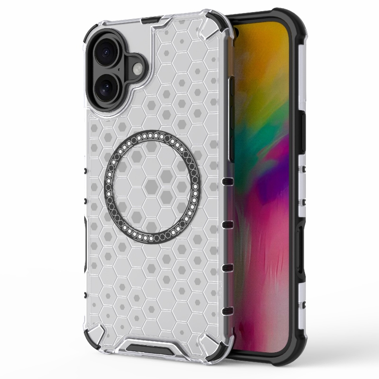 

For iPhone 16 Plus Honeycomb Magnetic Ring Shockproof Phone Case(White)