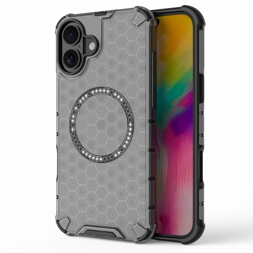 

For iPhone 16 Plus Honeycomb Magnetic Ring Shockproof Phone Case(Black)