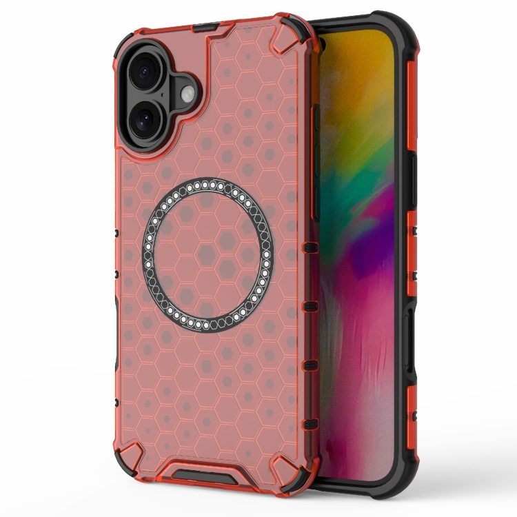 

For iPhone 16 Plus Honeycomb Magnetic Ring Shockproof Phone Case(Red)