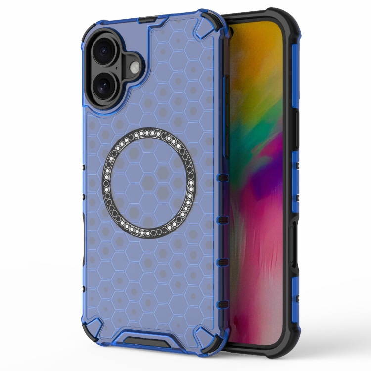 

For iPhone 16 Plus Honeycomb Magnetic Ring Shockproof Phone Case(Blue)