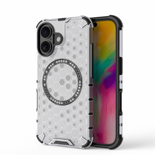 

For iPhone 16 Honeycomb Magnetic Ring Shockproof Phone Case(White)