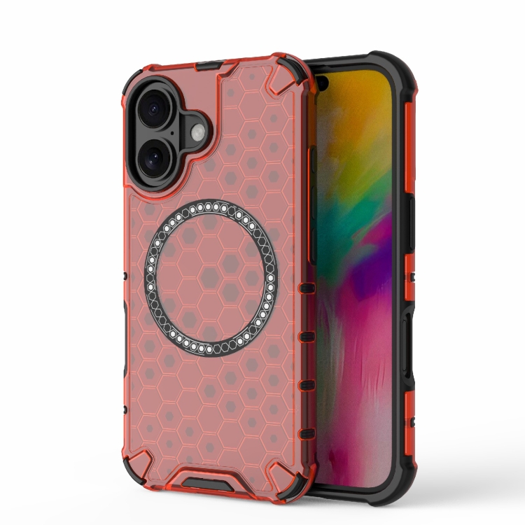 

For iPhone 16 Honeycomb Magnetic Ring Shockproof Phone Case(Red)