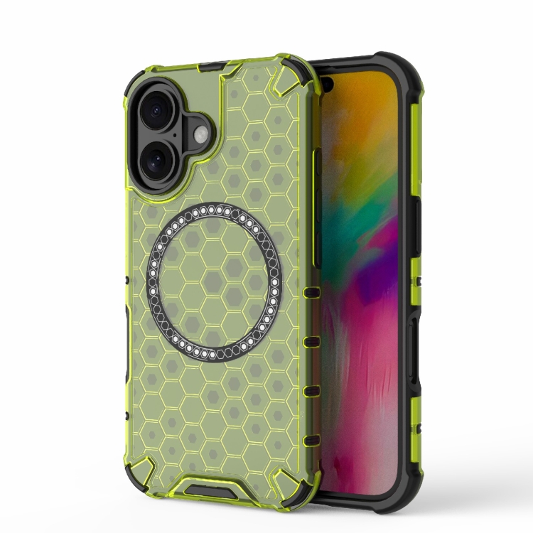 

For iPhone 16 Honeycomb Magnetic Ring Shockproof Phone Case(Green)