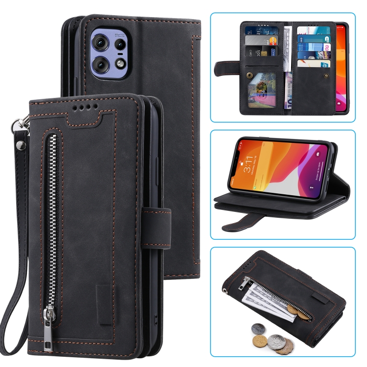 

For Motorola Edge 50 Pro Nine Card Zipper Bag Leather Phone Case with Lanyard(Black)
