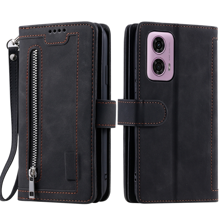 

For Motorola Moto E14 Nine Card Zipper Bag Leather Phone Case with Lanyard(Black)