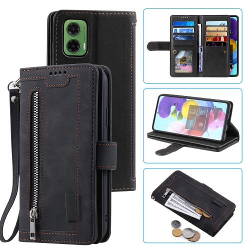 

For Motorola Moto G35 Nine Card Zipper Bag Leather Phone Case with Lanyard(Black)