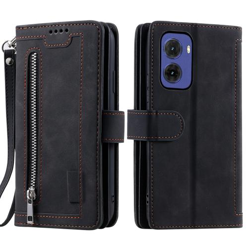 

For Motorola Moto G05 Nine Card Zipper Bag Leather Phone Case with Lanyard(Black)