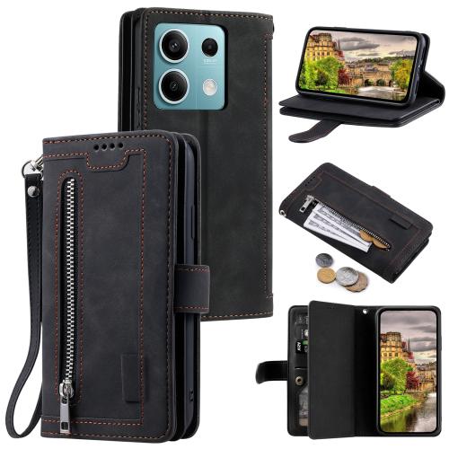 

For Motorola Edge 60 Fusion Nine Card Zipper Bag Leather Phone Case with Lanyard(Black)