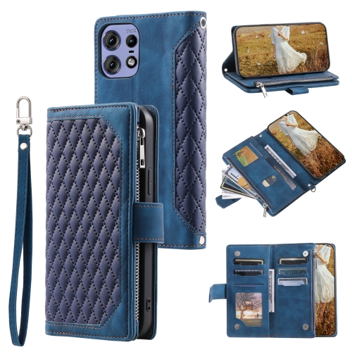 

For Motorola Edge 50 Pro Grid Texture Zipper Leather Phone Case with Lanyard(Blue)