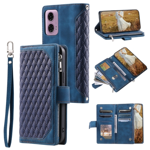 

For Motorola Moto E14 Grid Texture Zipper Leather Phone Case with Lanyard(Blue)