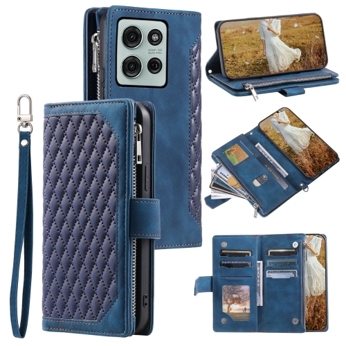 

For Motorola Moto G75 5G Grid Texture Zipper Leather Phone Case with Lanyard(Blue)