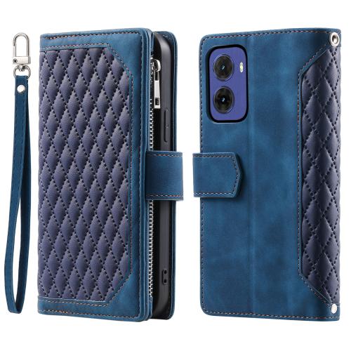 

For Motorola Moto G05 Grid Texture Zipper Leather Phone Case with Lanyard(Blue)