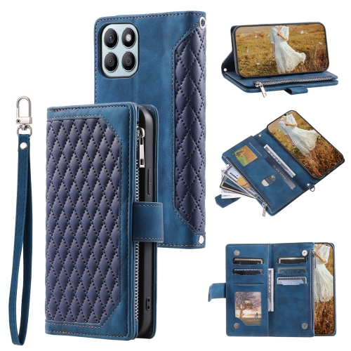 

For Honor X6b 4G Global Grid Texture Zipper Leather Phone Case with Lanyard(Blue)