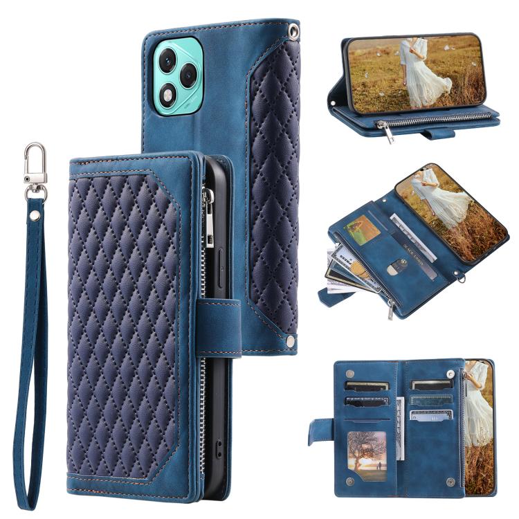 

For Honor 400 Lite Grid Texture Zipper Leather Phone Case with Lanyard(Blue)