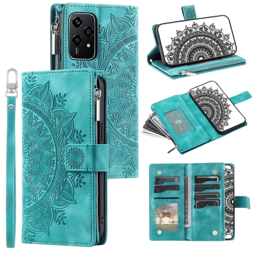 

For Honor 200 Lite Global Multi-Card Totem Zipper Leather Phone Case(Green)