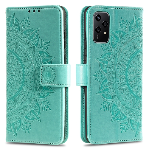 

For Honor 200 Lite Totem Flower Embossed Leather Phone Case with Lanyard(Green)