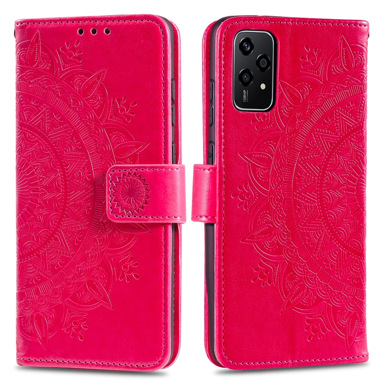 

For Honor 200 Lite Global Totem Flower Embossed Leather Phone Case with Lanyard(Red)