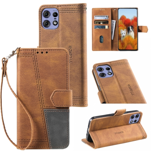 

For Motorola Edge 50 Pro TTUDRCH Embossed Line Splicing Leather Phone Case(Brown)