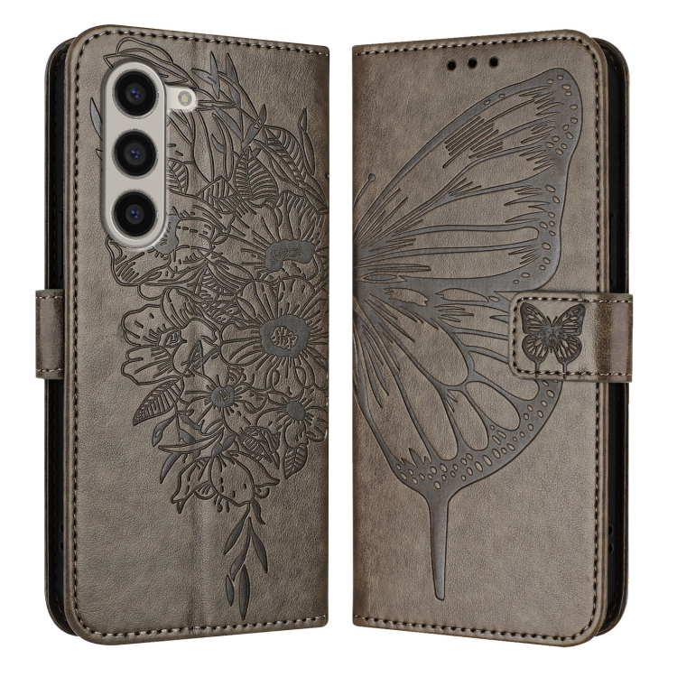 

For Samsung Galaxy Z Fold6 Embossed Butterfly Leather Phone Case(Grey)