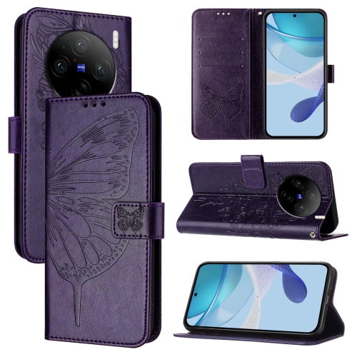 

For vivo X100 Embossed Butterfly Leather Phone Case(Dark Purple)