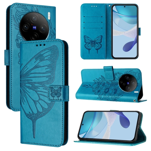 

For vivo X100 Pro Embossed Butterfly Leather Phone Case(Blue)