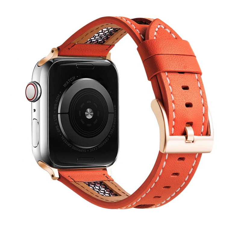 

For Apple Watch SE 2023 44mm Mesh Calfskin Genuine Leather Watch Band(Orange)
