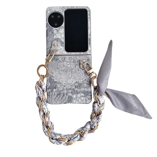 For OPPO Find N3 Flip Embroidery Style DIY Full Coverage Phone Case with Scarf / Bracelet(Grey)