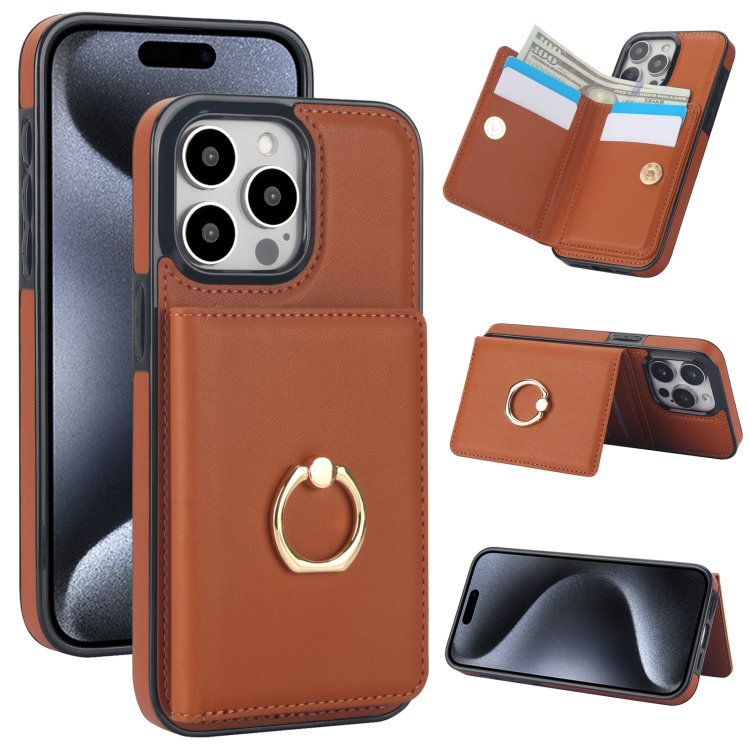 

For iPhone 15 Pro Max RFID Anti-theft Card Ring Holder Phone Case(Brown)