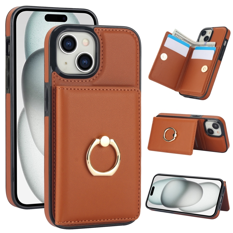 

For iPhone 15 RFID Anti-theft Card Ring Holder Phone Case(Brown)