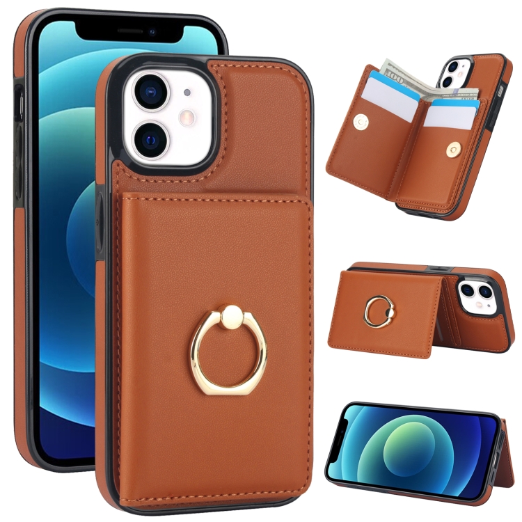 

For iPhone 14/13 RFID Anti-theft Card Ring Holder Phone Case(Brown)