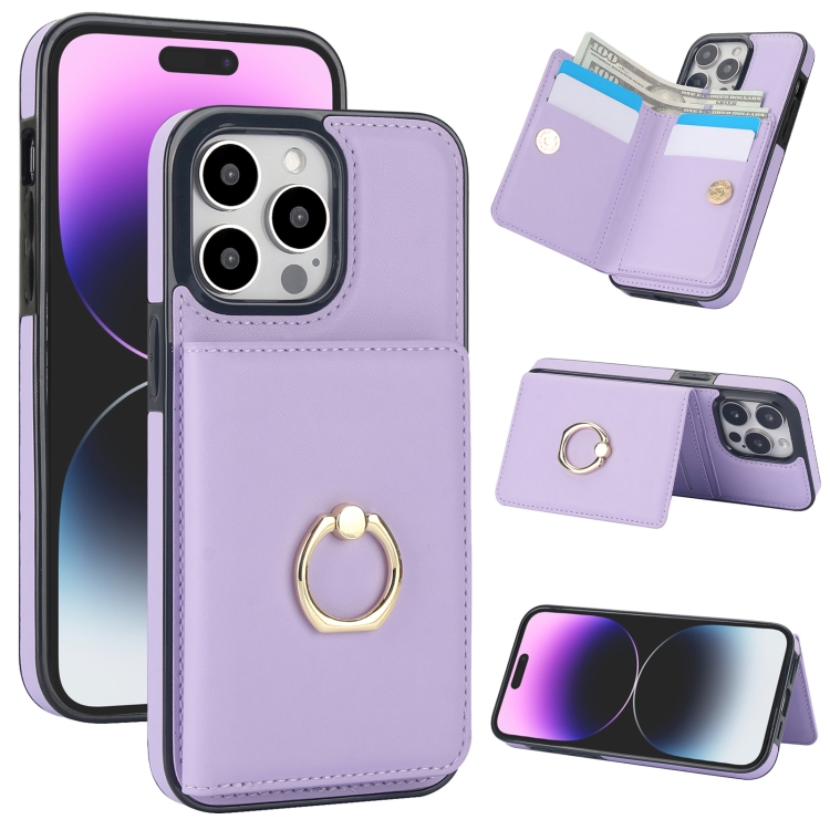 

For iPhone 14 Pro RFID Anti-theft Card Ring Holder Phone Case(Purple)