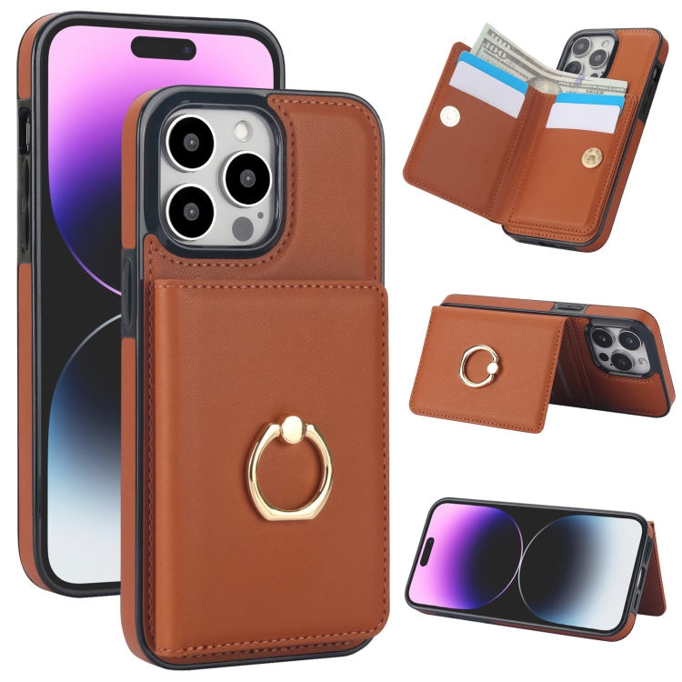 

For iPhone 14 Pro RFID Anti-theft Card Ring Holder Phone Case(Brown)