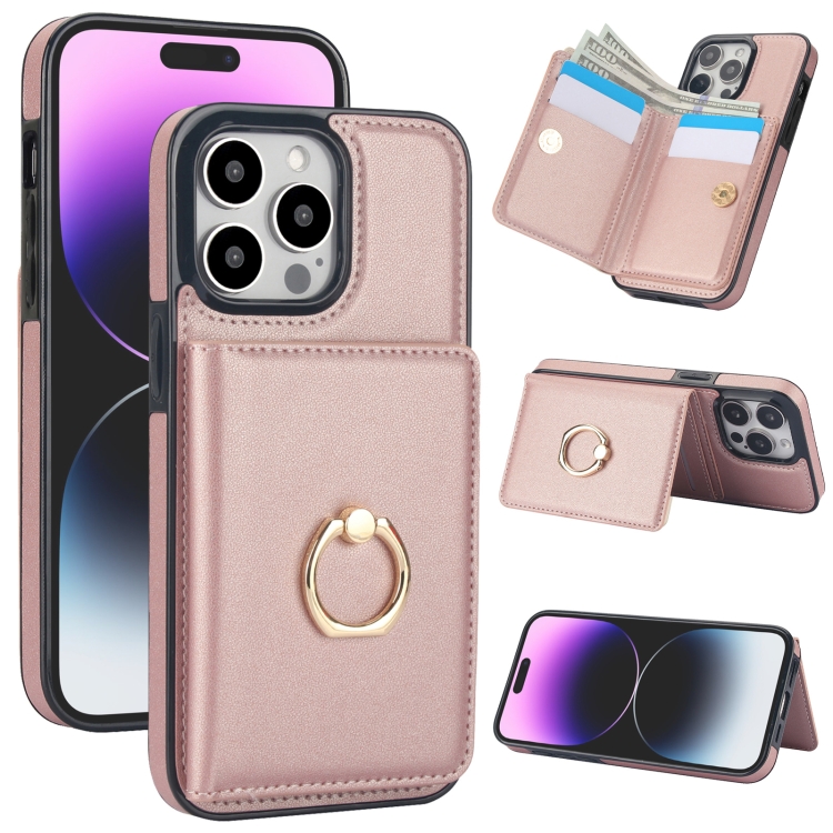 

For iPhone 13 Pro Max RFID Anti-theft Card Ring Holder Phone Case(Rose Gold)
