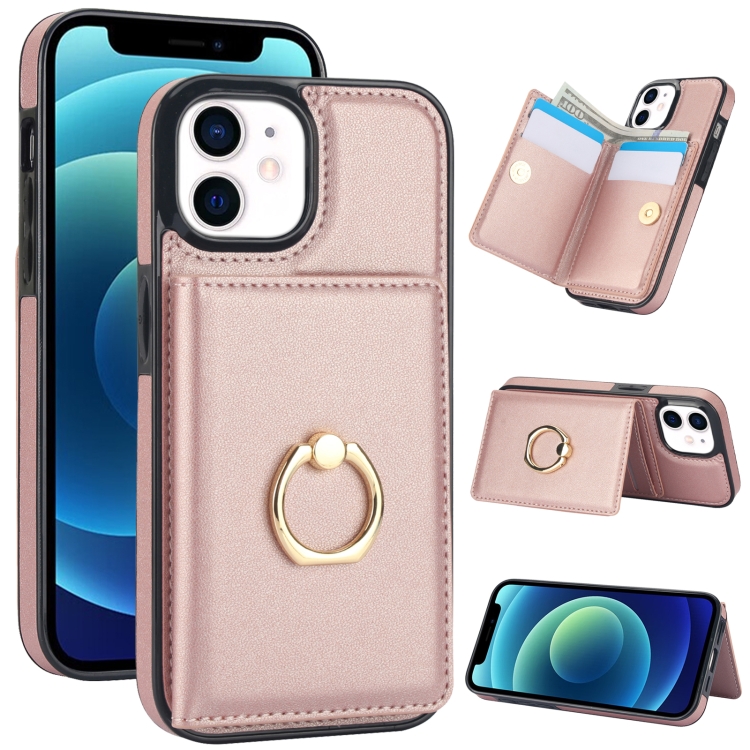 

For iPhone 12/12 Pro RFID Anti-theft Card Ring Holder Phone Case(Rose Gold)