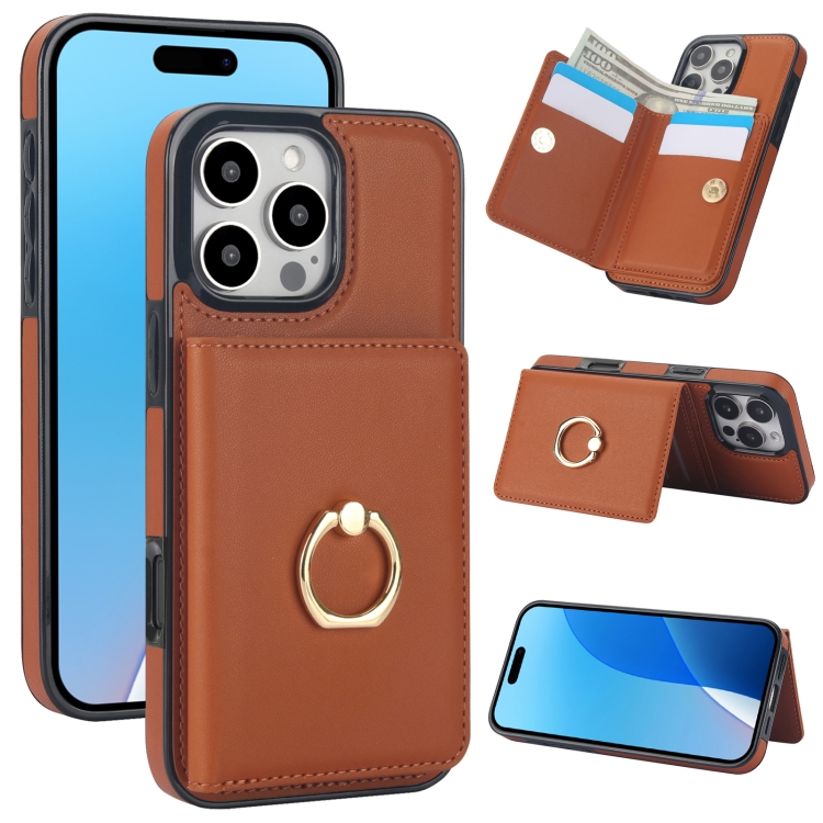 

For iPhone 16 Pro RFID Anti-theft Card Ring Holder Phone Case(Brown)