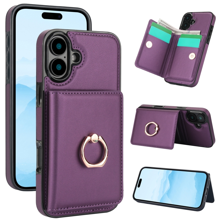 

For iPhone 16 Plus RFID Anti-theft Card Ring Holder Phone Case(Dark Purple)