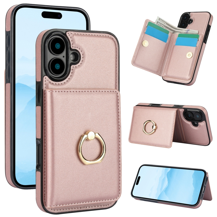 

For iPhone 16 RFID Anti-theft Card Ring Holder Phone Case(Rose Gold)