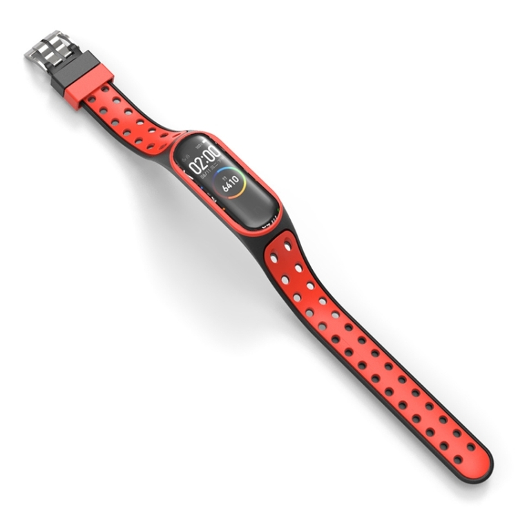 

For Xiaomi Mi Band 5 Silicone Double Buckle Replacement Wrist Strap(Black+Red)