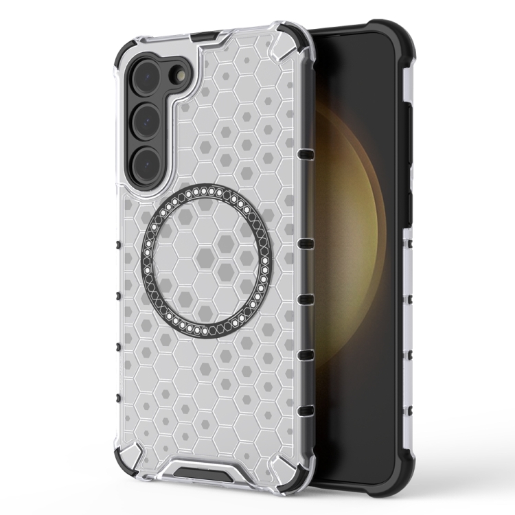 

For Samsung Galaxy S23+ 5G Honeycomb Magnetic Ring Shockproof Phone Case(White)