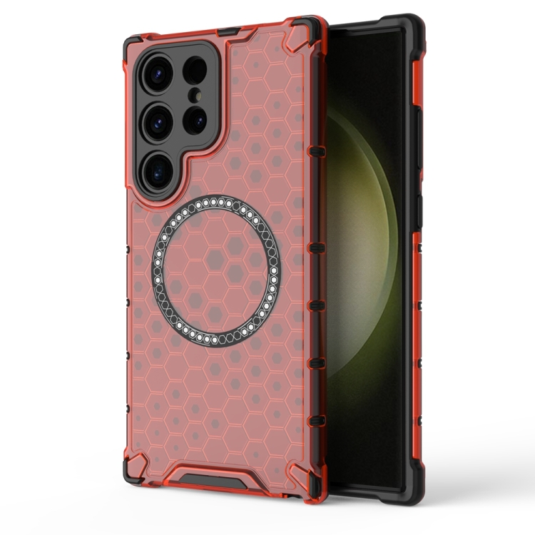 

For Samsung Galaxy S23 Ultra 5G Honeycomb Magnetic Ring Shockproof Phone Case(Red)